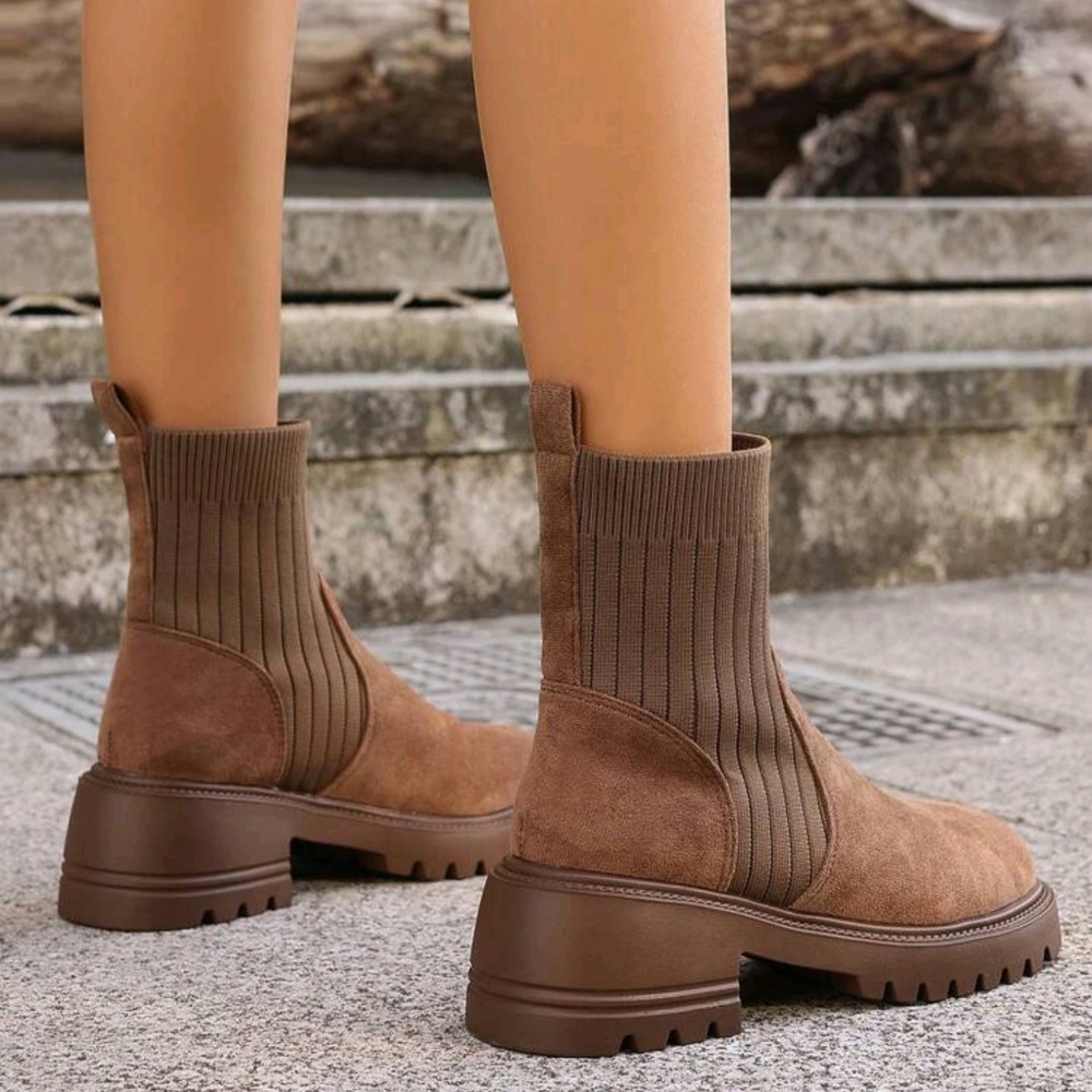 Women's Brown Thick-Sole Suede Patchwork Chelsea Boots With Elastic, - Picture 3 of 6